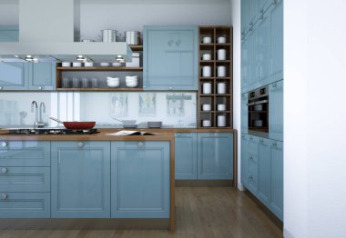 Mavi modern mutfak dekorasyon illüstrasyon