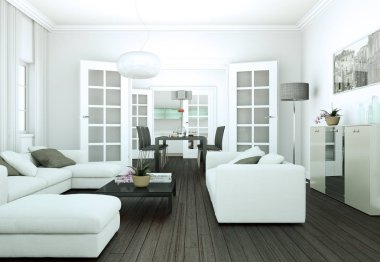 Modern parlak skandinavian iç tasarım Daire 3d çizim