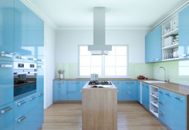 Mavi modern mutfak dekorasyon illüstrasyon