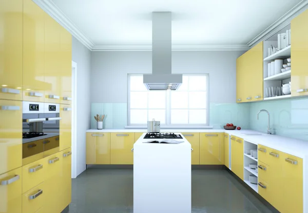Żółty, nowoczesna kuchnia projektowanie wnętrz ilustracja — Zdjęcie stockowe
