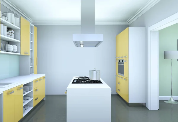 Gele moderne keuken interieur illustratie — Stockfoto