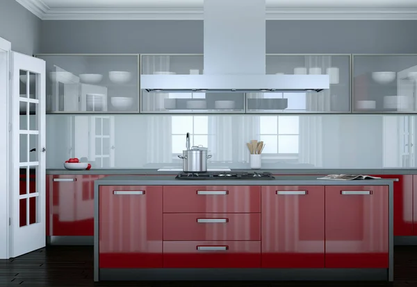 Κόκκινο μοντέρνα κουζίνα διακόσμηση εικονογράφηση — Φωτογραφία Αρχείου
