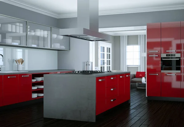 赤のモダンなキッチン インテリア デザイン イラスト — ストック写真