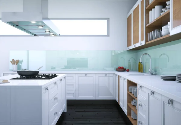 白色现代厨房室内设计插图 — 图库照片