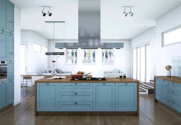 蓝色现代厨房室内设计插图 — 图库照片