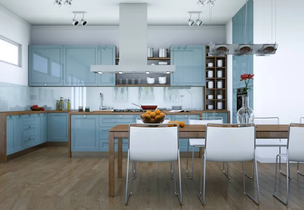 Blauwe moderne keuken interieur illustratie — Stockfoto