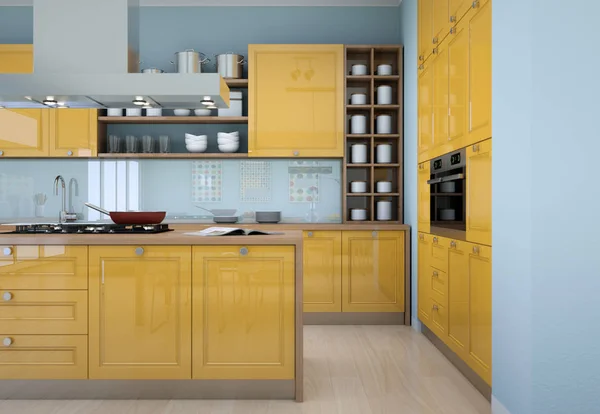Ilustración de diseño interior de cocina moderna amarilla — Foto de Stock
