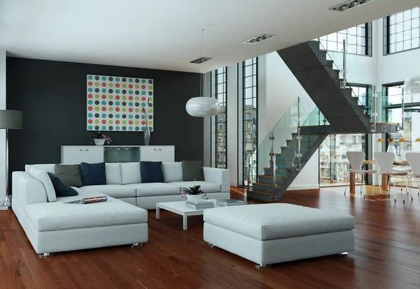 Modern bright flat interior design with sofas