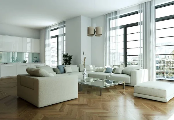 Moderne lichte platte interieur met sofa 's — Stockfoto