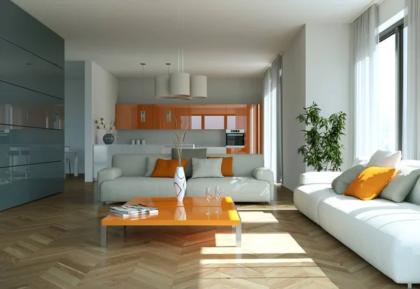 Moderno diseño interior plano brillante con sofás —  Fotos de Stock
