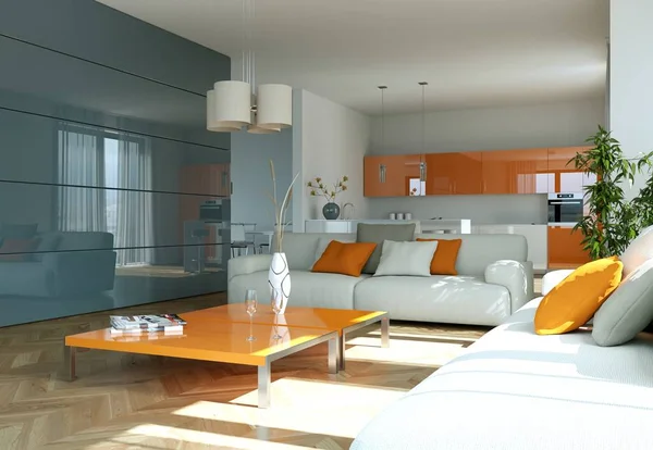 Moderno luminoso design interno piatto con divani — Foto Stock