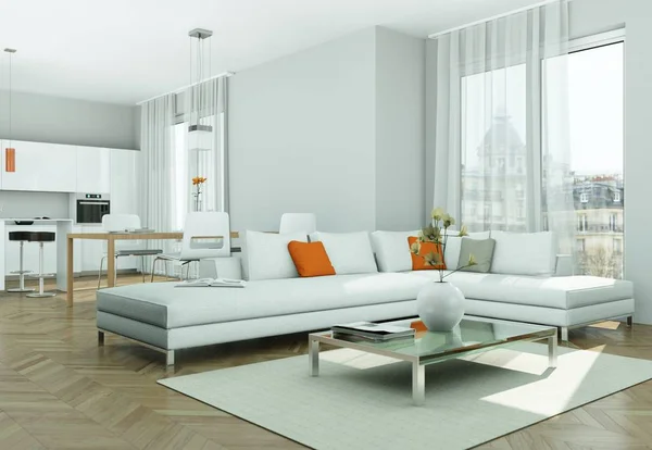 Moderne lichte platte interieur met sofa 's — Stockfoto