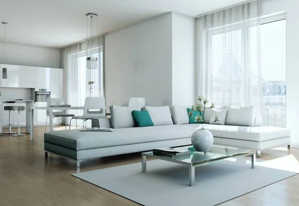 Modern bright flat interior design with sofas