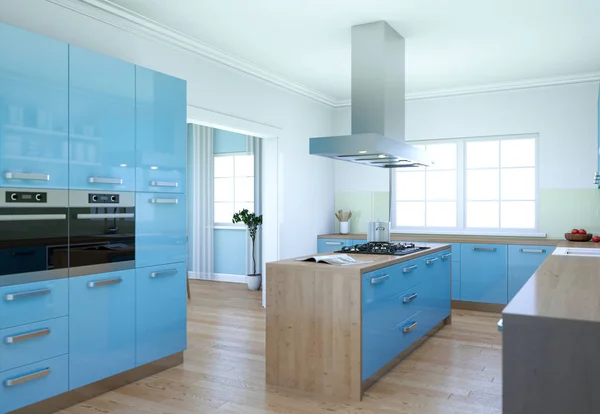 Azul moderna cozinha design de interiores ilustração — Fotografia de Stock
