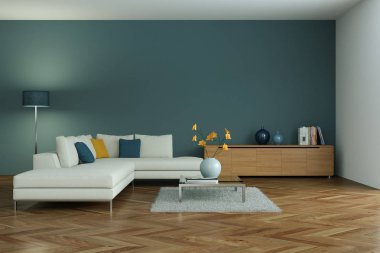 modern oturma odası iç tasarım beton duvar ile