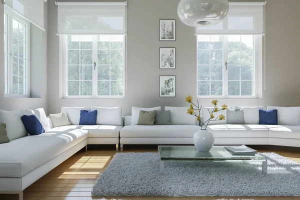 Moderno branco sala de estar design de interiores — Fotografia de Stock