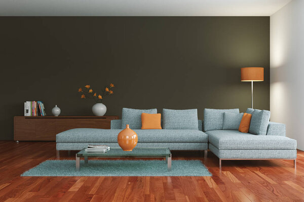 современный дизайн интерьера гостиной с бетонной стеной
