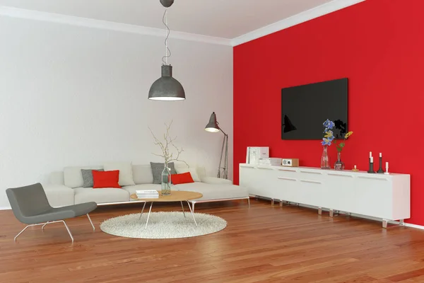 Moderno diseño interior de la sala de estar con pared roja — Foto de Stock