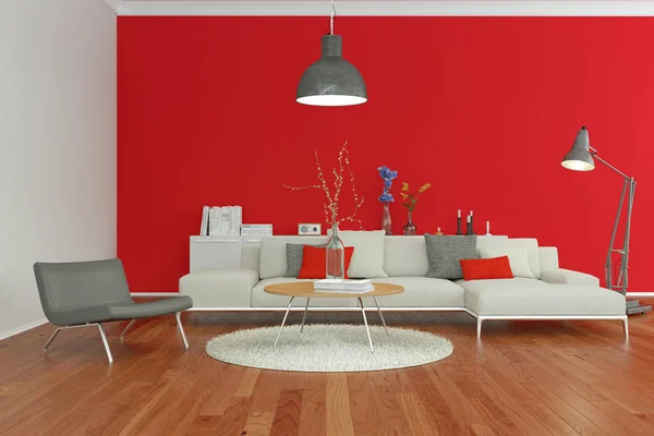 Modernt vardagsrum inredning med röda väggen — Stockfoto