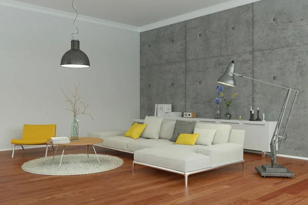Современный дизайн интерьера гостиной с бетонной стеной — стоковое фото