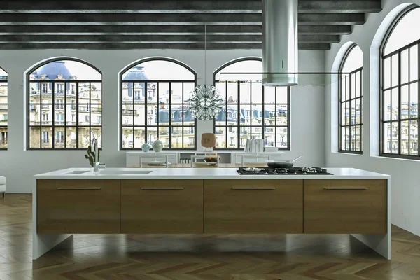 Ilustración de diseño interior de cocina moderna blanca —  Fotos de Stock