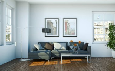 Gri kanepe, Masa, çerçeveler ve lamba parlak Oda