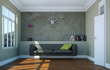 Gri kanepe, Masa, çerçeveler ve lamba parlak Oda