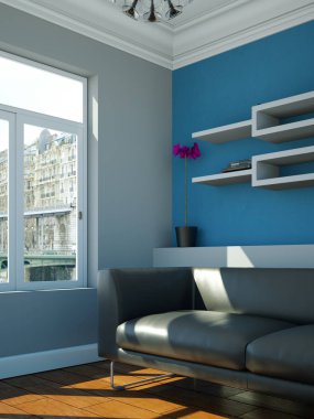 Gri kanepe, Masa, çerçeveler ve lamba parlak Oda