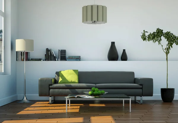 Habitación luminosa con sofá gris, mesa, marcos y lámpara — Foto de Stock