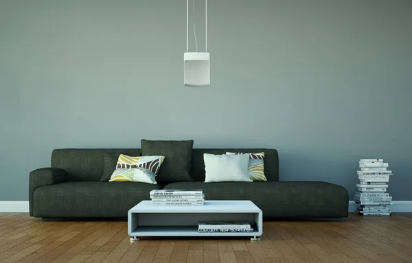 Chambre lumineuse avec canapé gris et table — Photo
