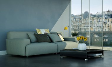 Gri kanepe ve tablo ile parlak Oda