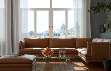 Kahverengi deri koltuk ve masa parlak Oda