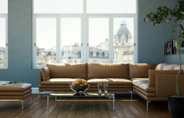 Kahverengi deri koltuk ve masa parlak Oda