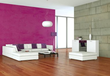 Beyaz kanepe ve pembe duvar ile parlak Oda