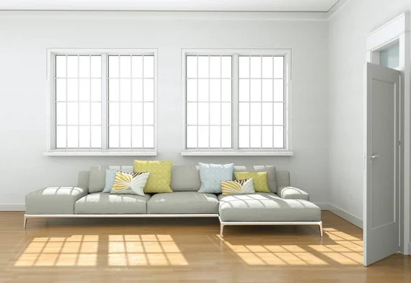 Pencerenin önünde gri kanepe ile parlak Oda — Stok fotoğraf
