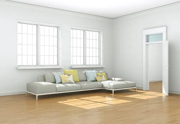 Habitación luminosa con sofá gris frente a la ventana — Foto de Stock