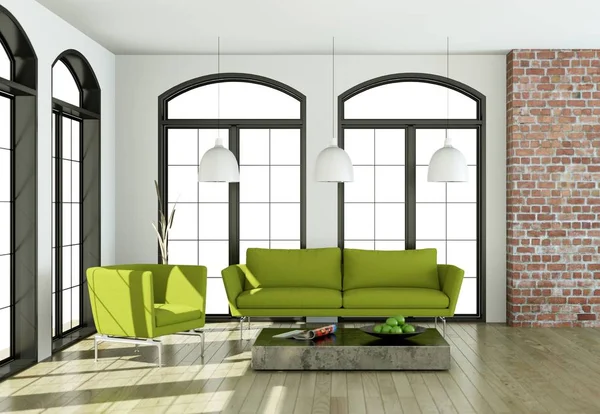 Zöld kanapé és asztal világos szoba — Stock Fotó