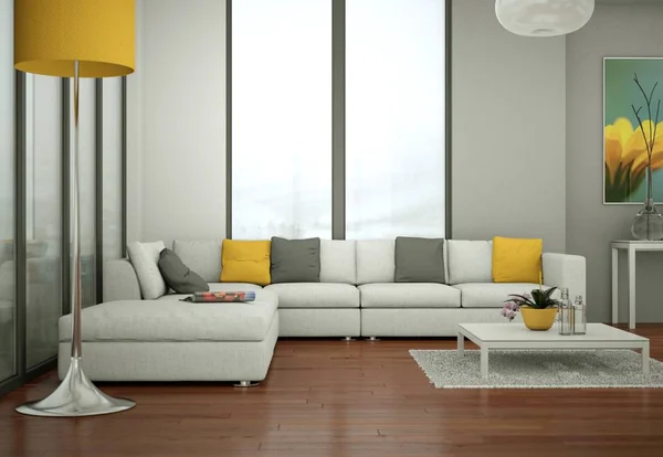 Habitación luminosa con sofá blanco y mesa —  Fotos de Stock