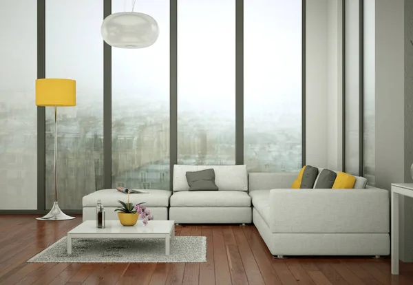 Quarto luminoso com sofá e mesa brancos — Fotografia de Stock