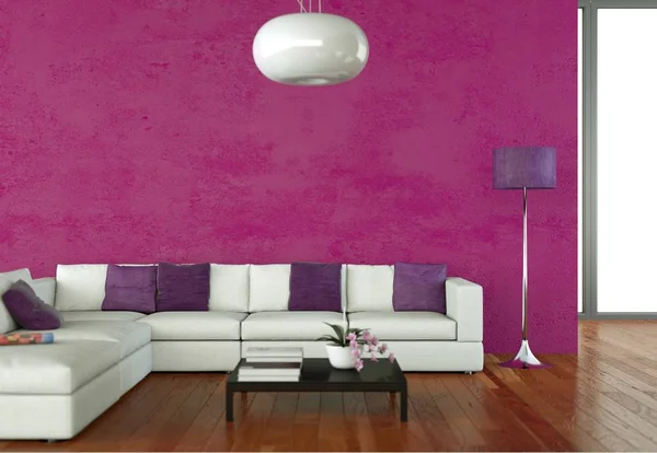 Habitación luminosa con sofá blanco y pared rosa —  Fotos de Stock