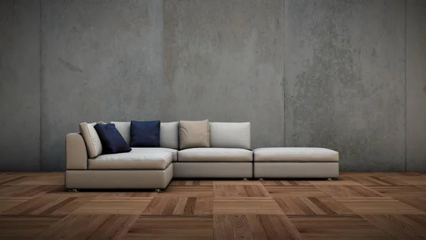 Quarto luminoso com sofá branco e parede cpncrete — Fotografia de Stock