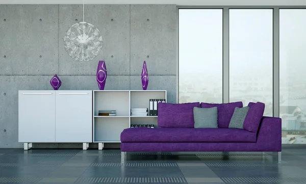明亮的房间与 Violett 沙发和混凝土墙壁3D — 图库照片