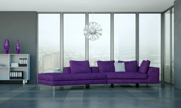 Jasny pokój z sofą i betonu ściany violett — Zdjęcie stockowe