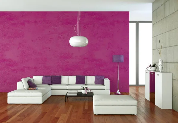 Ljust rum med vit soffa och rosa vägg — Stockfoto