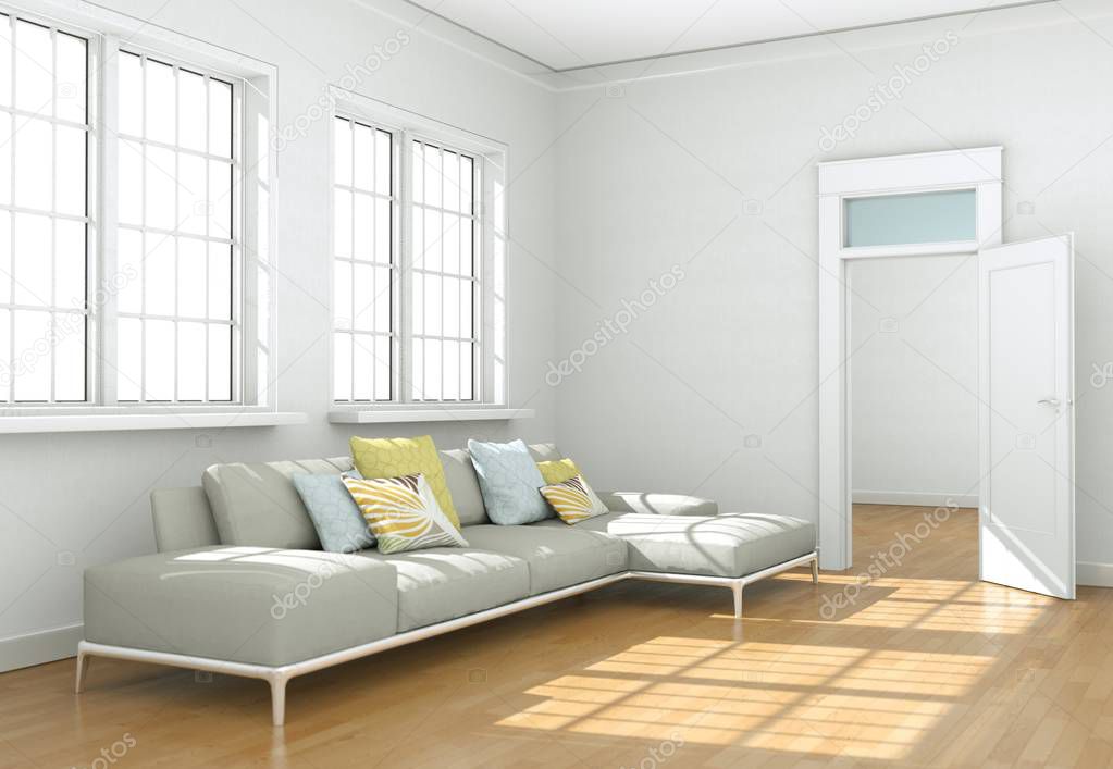 Bright room with grey sofa in front of window