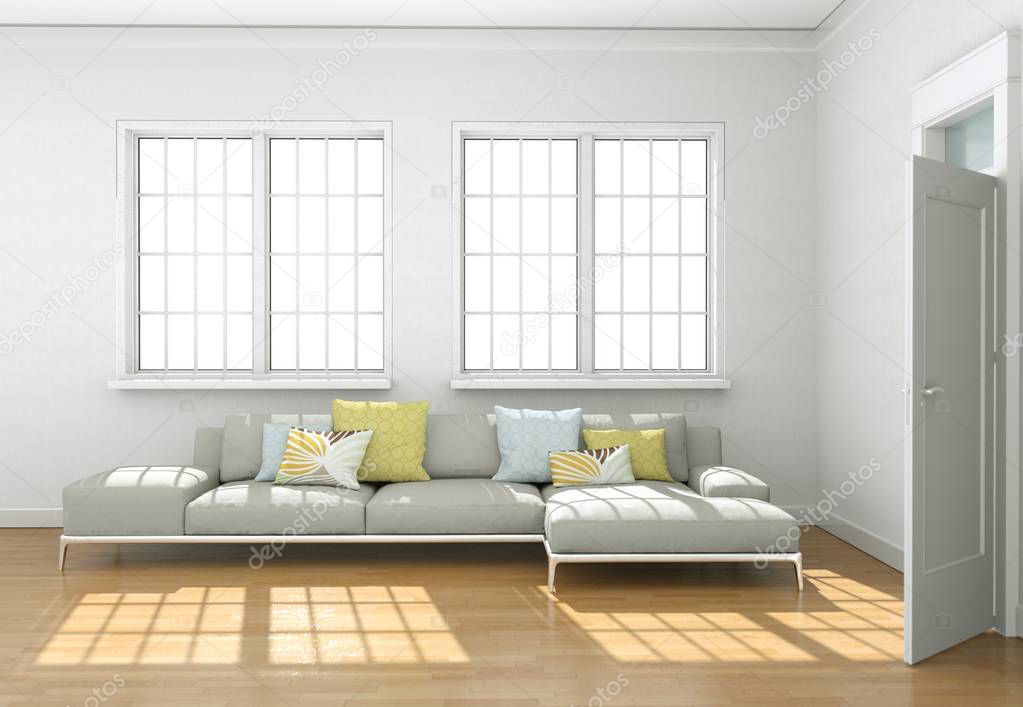 Bright room with grey sofa in front of window