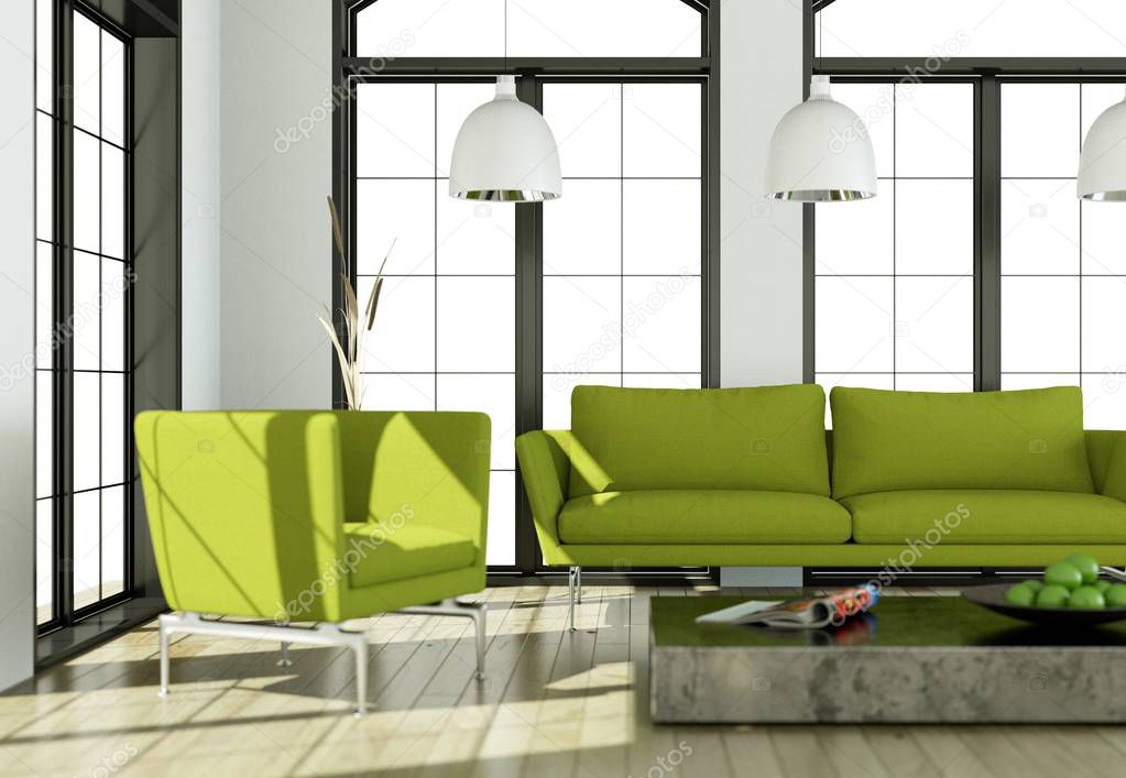 Bright room with green sofa and table