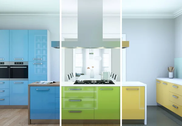 Разделенные цветовые вариации современной кухни с красивым дизайном — стоковое фото