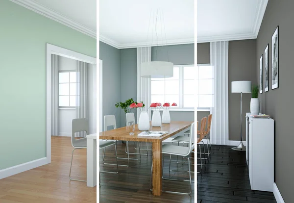 Variantes de couleurs éclatées de la conception intérieure de la salle à manger dans un appartement moderne — Photo