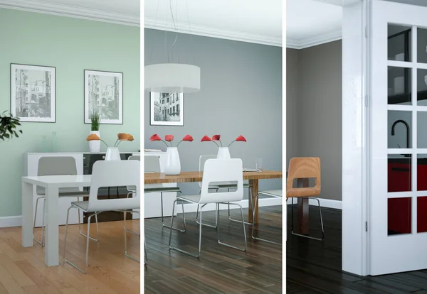 Splitted color variations of dining room interior design in modern appartment — Stock Photo, Image